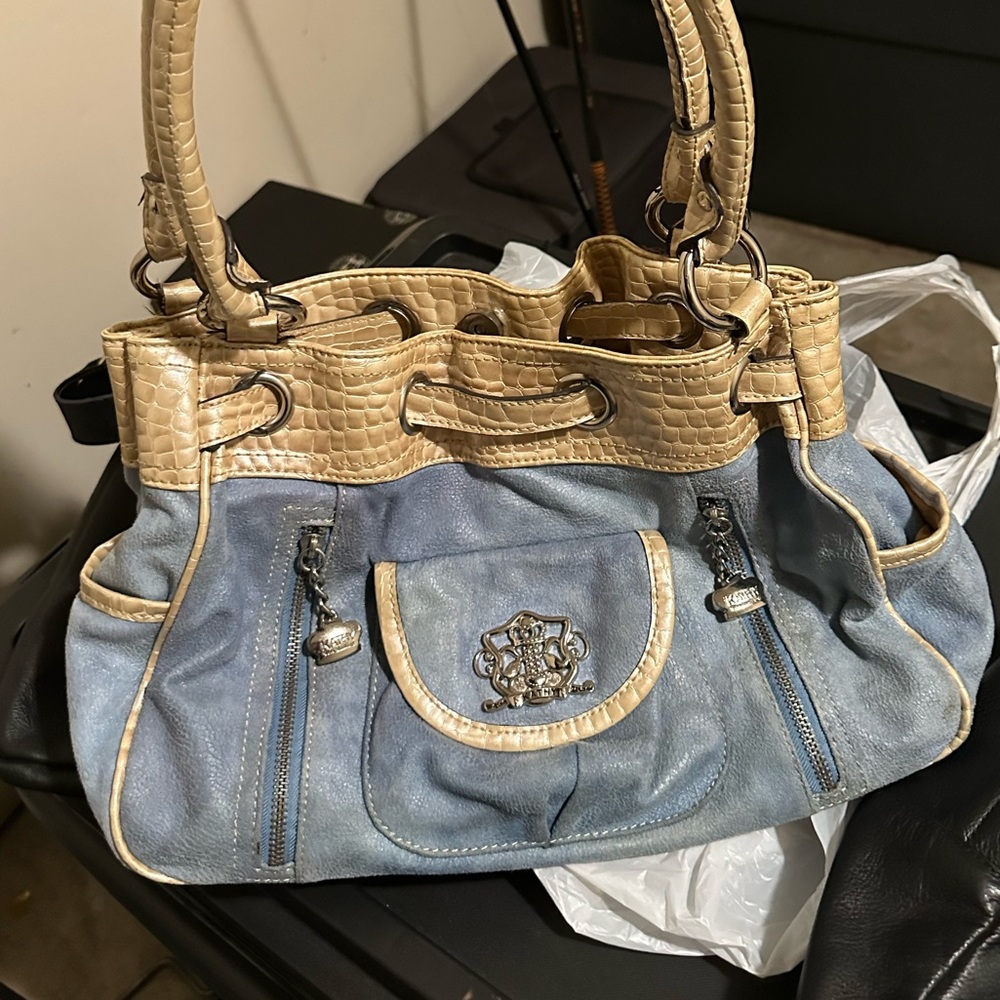 Kathy baby blue leather and tan croc